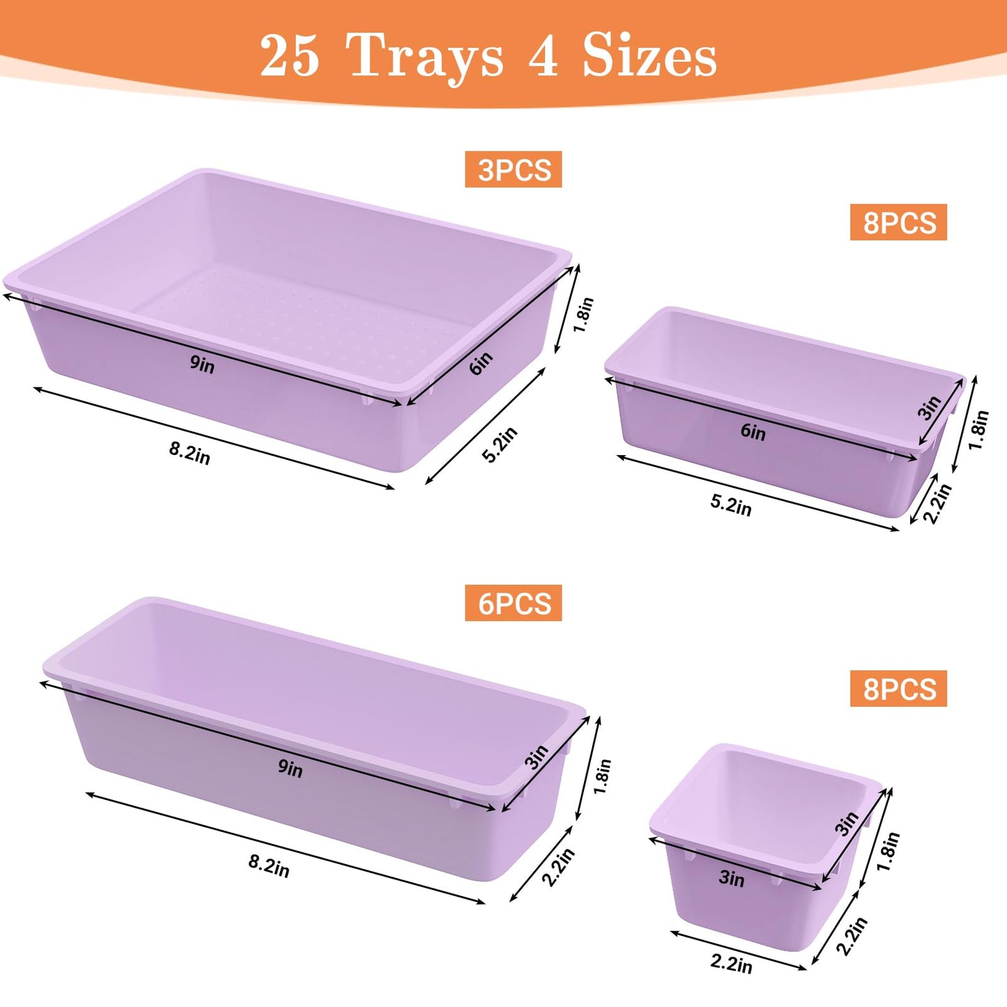 SpaceHacks 25 PCS Plastic Drawer Organizer Set, 4-Size Versatile Organizer Trays & storage Bins for Makeup, Jewelry, and Gadgets in Bathroom, Bedroom and Office, Purple