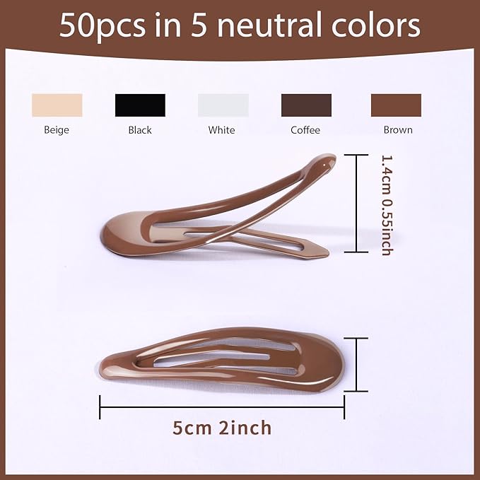 Teenitor 50Pcs Snap Hair Clips,2 Inch Hair Barrettes Hair Clips For Women, Metal Mixed Color, Hair Barrettes For Women Hair Snap Clips 5 Colors