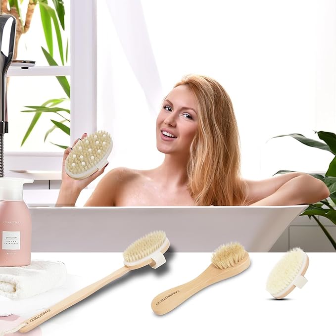 Dry Brushing Body Brush Set with Long Handle, Natural Boar Bristle Body & Face Brush, Wooden Detachable Scrub Brush, 3 Brush Heads for Exfoliating & Body Care