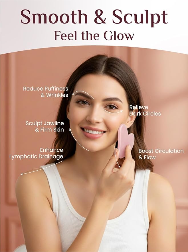 Rena Chris Gua Sha Facial Tools: Rose Quartz Guasha Tool for Face Acupuncture Therapy, Facial Massager for Jawline Sculpting and Puffiness Reducing (Pink)