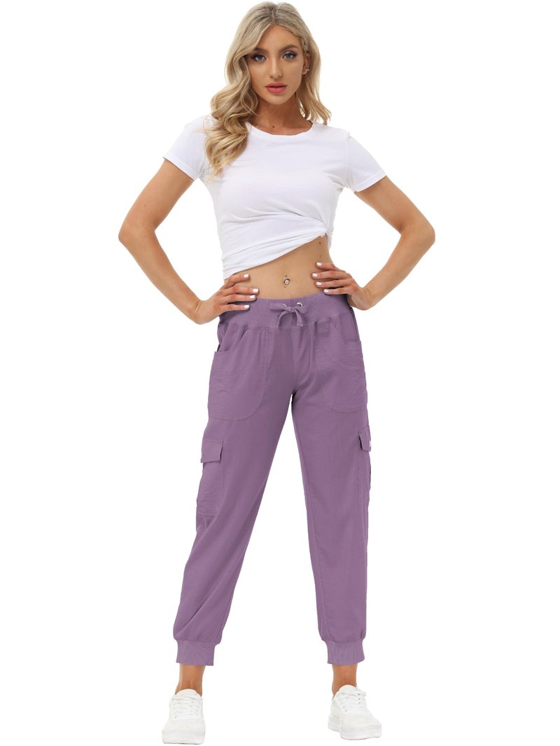 MoFiz Women Cargo Pants with Pockets Lightweight Outdoor Summer Travel Casual Hiking Pants Running Joggers Sweatpants Elastic Waist Light Purple S