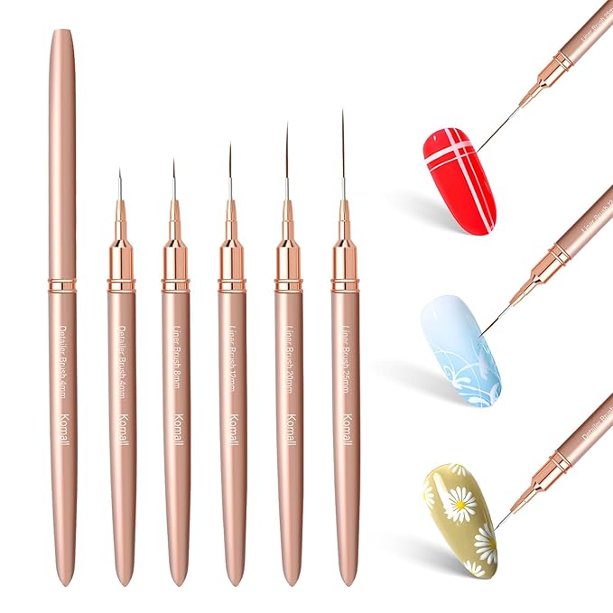 Metallic Nail Art Brushes, 5Pcs Liner Brush Set, UV Gel Polish Painting Art Design Pen for Long Lines, Thin Details, Fine Drawing Sizes 4/8/12/20/25mm(Champagne Gold)