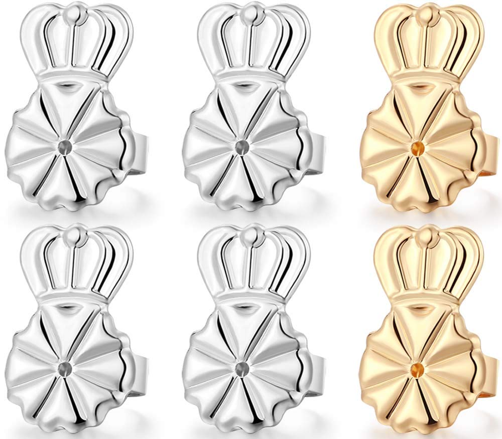 3 Pairs Earring Lifters,10MM Hypoallergenic Earring Backs for Droopy Ears,Adjustable Crown Earring Backs for Heavy Earring (10MM 2White+1gold)