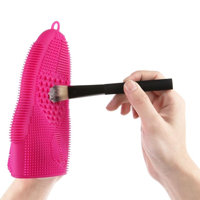 ScivoKaval Makeup Brush Cleaner Glove Mat Mitt Silicone Cosmetic Cleaning Scrubber Tool Face Brushes and Eye Brush Washing Pad Pink (Rose Red)