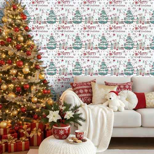 Vinjiasin Christmas Peel and Stick Wallpaper, Self Adhesive Removable Wallpaper, Thicken Christmas Contact Paper for Bedroom Walls Living Room Window Fireplace Decoration(17.3"x 118")