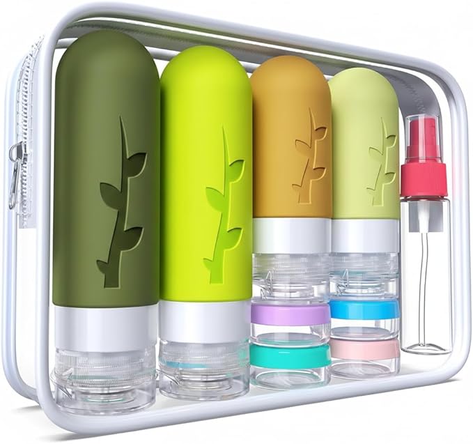 Travel Bottles Kit (16 Pack) - TSA Approved, Leak Proof Silicone Squeezable Containers for Toiletries. Complete Set with Jars, Sprayers & Bag (M-Green)