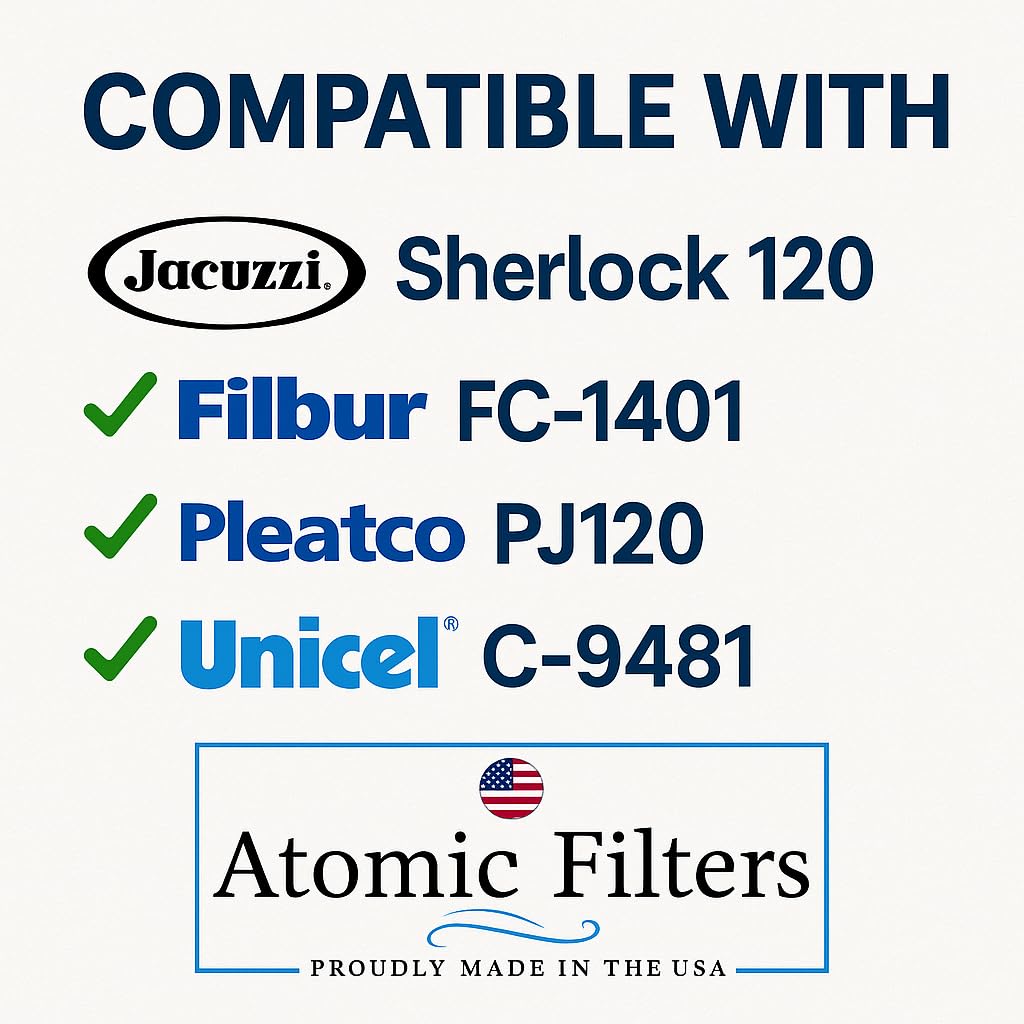 Atomic USA Made Spa Filter Compatible for Jacuzzi Sherlock 120 Replaces 42-3675-08-R Filbur FC-1401 Pleatco PJ120 Unicel C-9481 Length: 20 1/2" Diameter: 10" Drop in Hot Tub Filter Cartridge