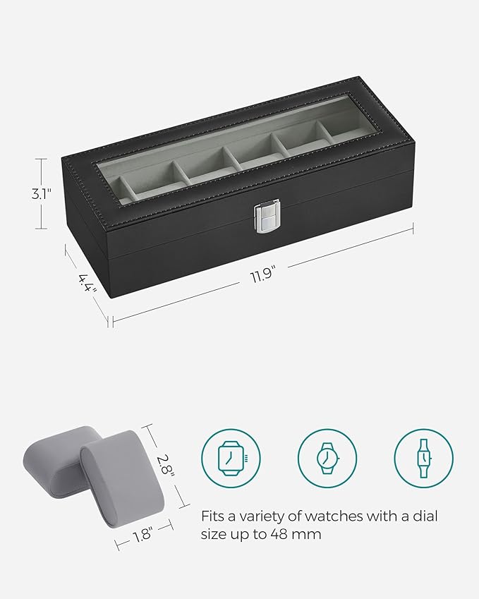 SONGMICS Watch Box, 6-Slot Watch Case Organizer with Large Glass Lid, Removable Pillows, Gift for Loved Ones, Black Synthetic Leather, Greenish Gray Lining UJWB06BK