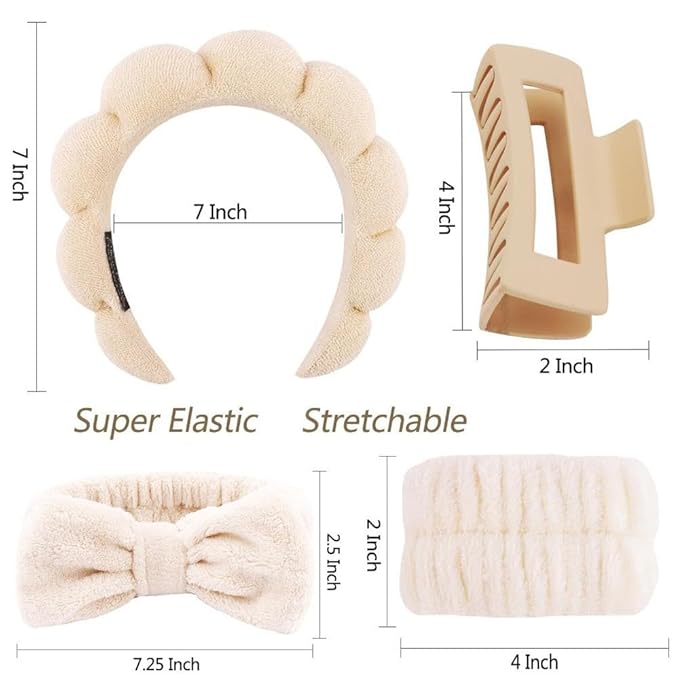 5 Pcs Spa Headbands for women and girls face washing, makeup, facial skin care, fluffy sponge SPA hairband bow hairband hairpin wristband set. (khaki)