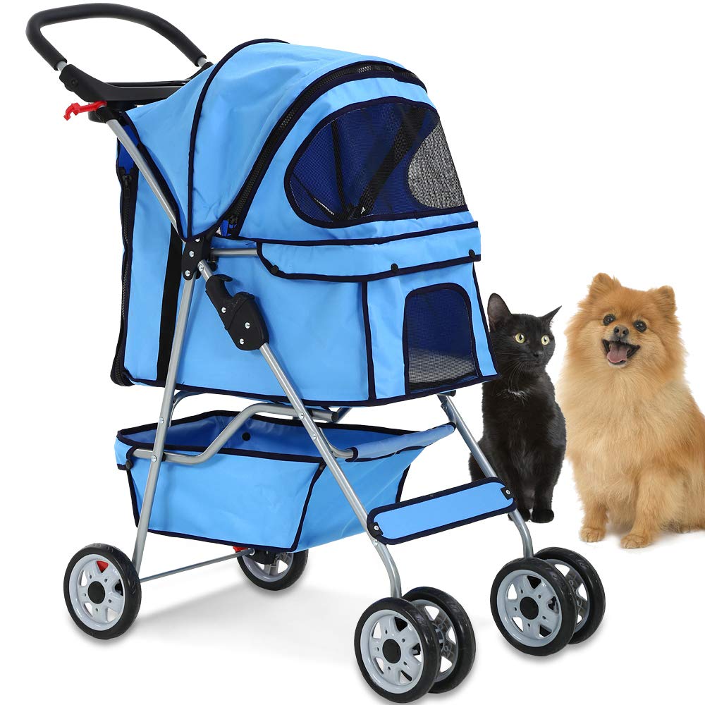 4 Wheels Pet Stroller Cat Dog Cage Stroller Travel Folding Carrier with Cup Holders and Removable Liner for Small-Medium Dog, Cat (Blue)