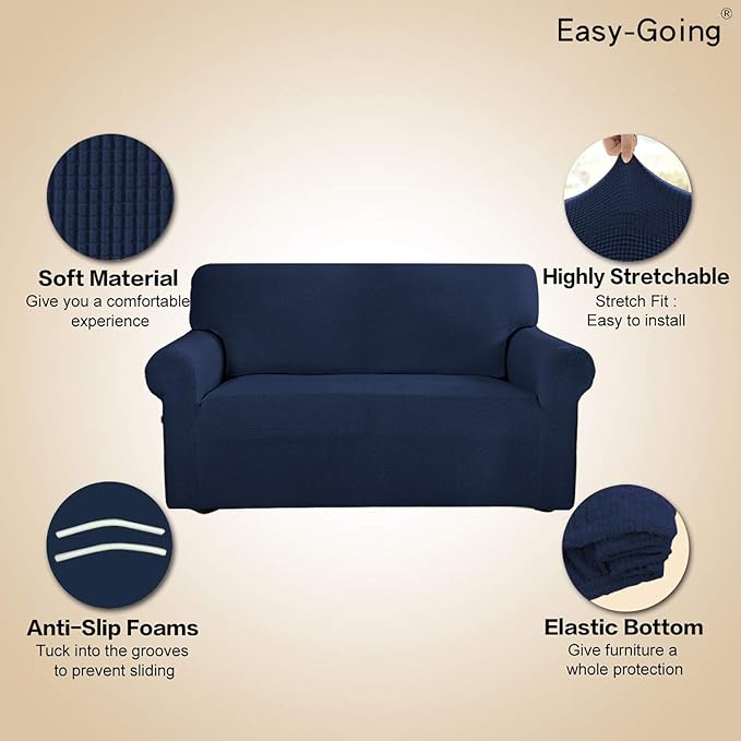 Easy-Going Stretch 4 Seater Sofa Slipcover 1-Piece Sofa Cover Furniture Protector Couch Soft with Elastic Bottom for Kids, Polyester Spandex Jacquard Fabric Small Checks Navy
