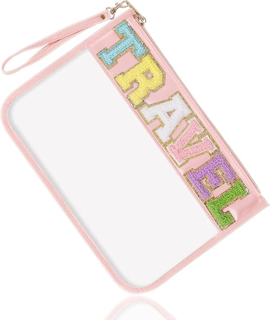 Chenille Letter Clear Travel Bags Purse with Wristlet, Monogram PVC & PU Clear Zipper Pouch, Waterproof Portable Glitter Snacks Makeup Beach Toiletry Bag for Women Girls (TRAVEL-Pink)
