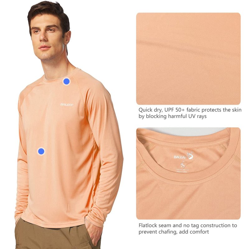 baleaf Mens UPF 50+ Sun Protection Shirts Long Sleeve Rash Guard, Quick Dry 4-Way Stretch for Fishing Swimming Surfing 01-Light Pink 2XL
