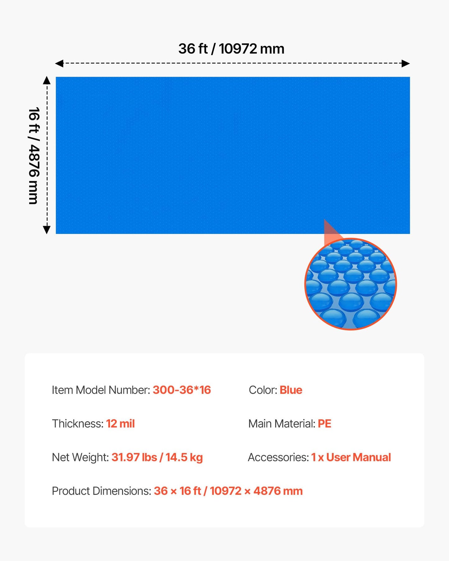 VEVOR Solar Pool Cover, 36 x 16 ft Rectangle Pool Bubble Cover, 12 Mil Pools Solar Blanket with Bubble & PE Material, Daytime Heat Absorption, Nighttime Heat Retention, Heat Retaining Solars Covers