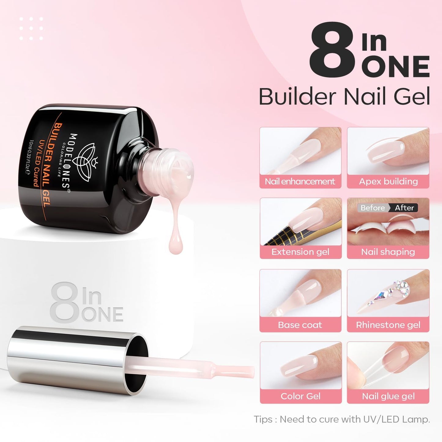 modelones Nail Thickening Solution, Nail Dehydrator and Primer with Builder Nail Gel, 3Pcs Cover Nude Pink LED Gel Builder Polish Base Coat Prep Dehydrate & Bond Primer for Apex Building 10ml