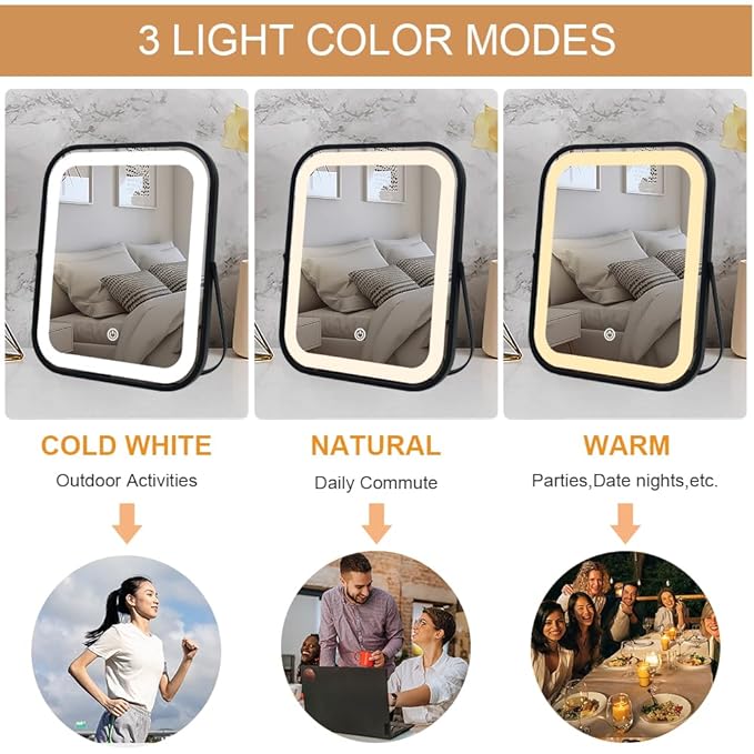 YEKKOPT Lighted Vanity Mirror, Rechargeable Travel Makeup Mirror with Lights, 10''x8'' Desk Mirror with Lights,Make up Mirror with Lighting for Makeup Desk Ã¯Â¼Â Dressing Room