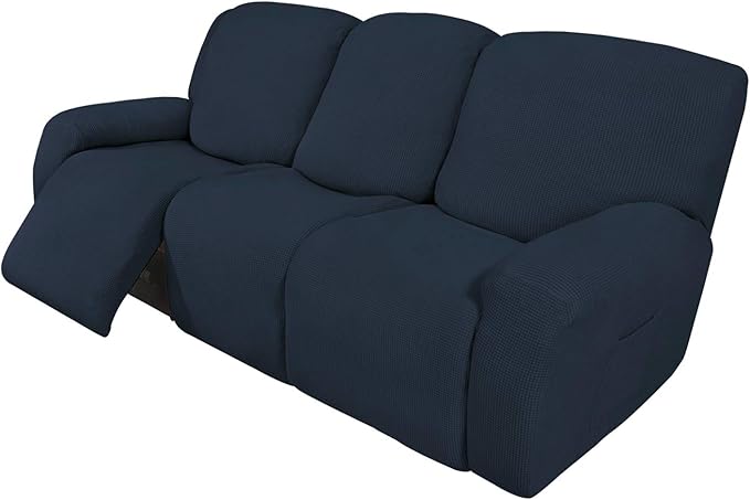 Easy-Going 8 Pieces Recliner Sofa Stretch Sofa Slipcover Sofa Cover Furniture Protector Couch Soft with Elastic Bottom Kids, Spandex Jacquard Fabric Small Checks Dark Blue