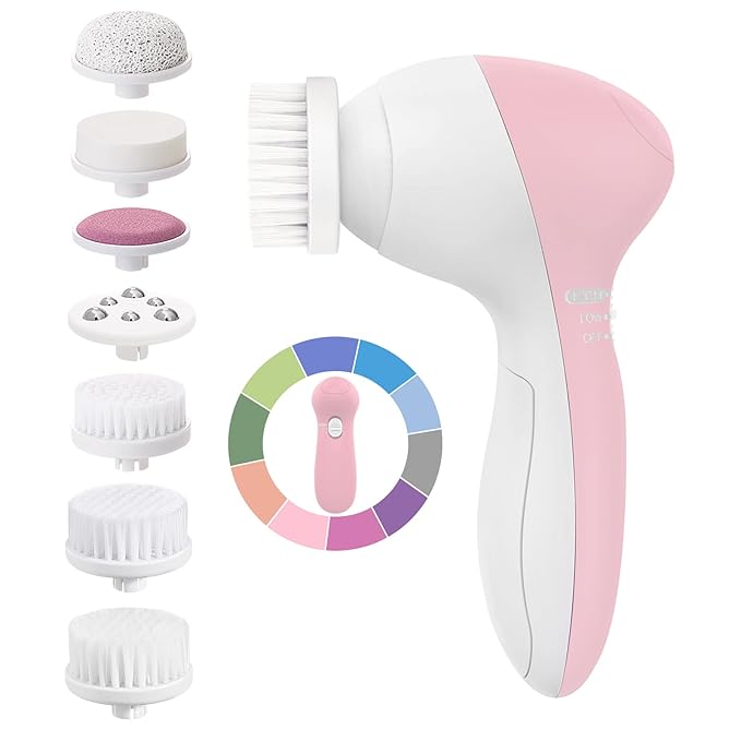 COSLUS Facial Cleansing Brush Silicone Face Scrubber: 7 in 1 FBS-D Electric Exfoliating Rotating Massage Device Waterproof Deep Cleaning Exfoliation Spa Machine - Electronic Skin Care Wash System