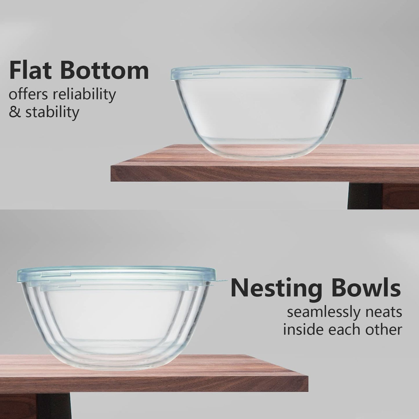 WhiteRhino Glass Mixing Bowls Glass Bowls with Lids Set(4.5QT,2.7QT, 1.1QT),Large Salad Bowls,glass mixing bowl Space-Saving Nesting Storage bowls for Cooking,Baking,Prepping,Dishwasher Safe