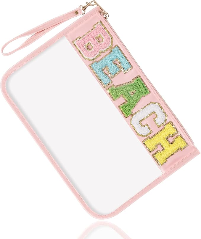 Izuzta Chenille Letter Clear Bag Beach Purse, Monogram PVC & PU Zipper Pouch with Wristlet, Waterproof Portable Glitter Snacks Makeup Toiletry Bag for Women Girls (BEACH-Pink)