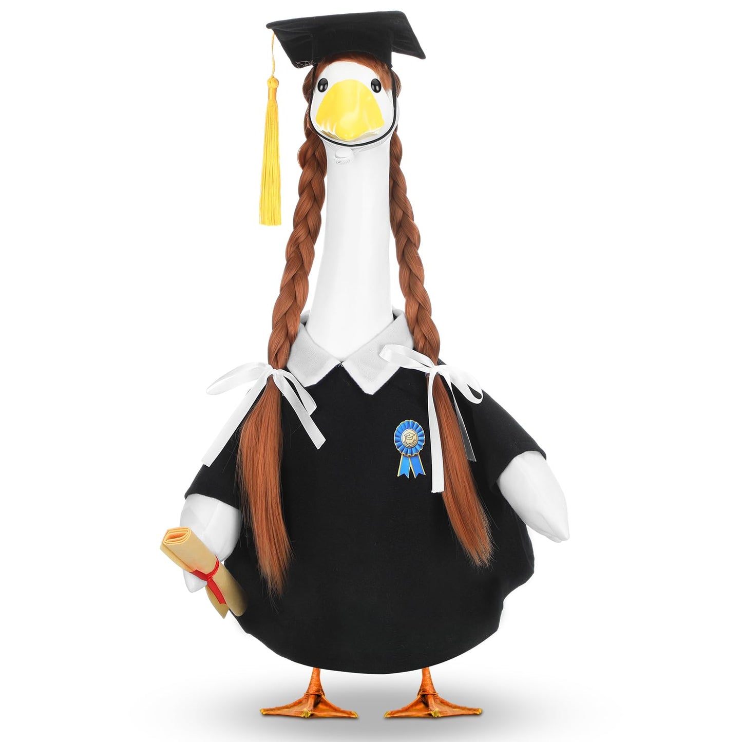 Abbylike Graduation Porch Goose Outfits Graduation Cap with Gold Tassel and Wig Yard Goose Costume Clothes Fits Large 23'' Cement for Garden Yard Statue Lawn Pathway Decorations