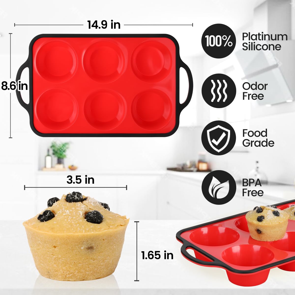 Jumbo Muffin Pan, 3.5 Inch Large Muffin Pan with Metal Reinforced Frame 6 Cup Silicone Jumbo Cupcake Pans for Baking Easy to Handle 2 Pack Red Black Brim