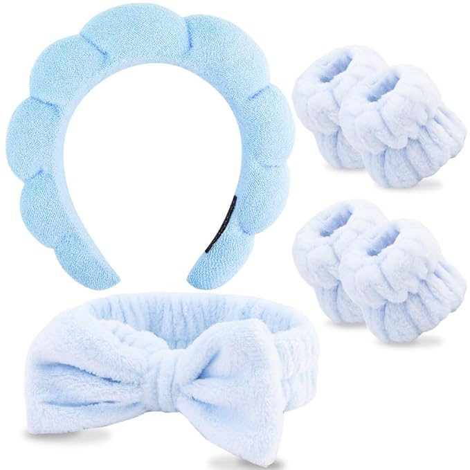 AOPRIE SPA Headbands for Washing Face Makeup Headbands with Bow Hair Band Women Facial Head Band Wrist Towel Wraps Venus Shower Face Mask Blue, 6 Pack