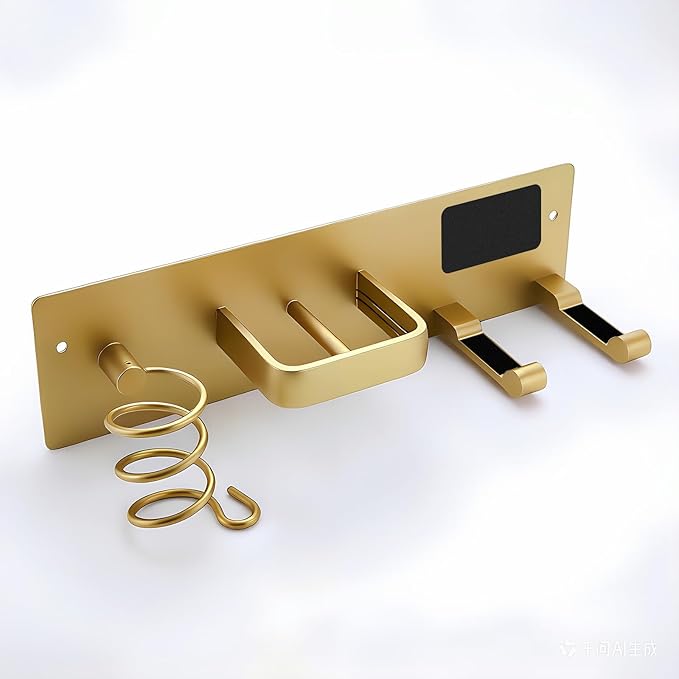 Blow Dryer Holder Wall Mount, 3 in 1 Bathroom Hair Tool Organizer with Curling Iron Holder & Flat Iron Holder, Universal Hair Dryer Holder Rack Storage (Champagne Gold)