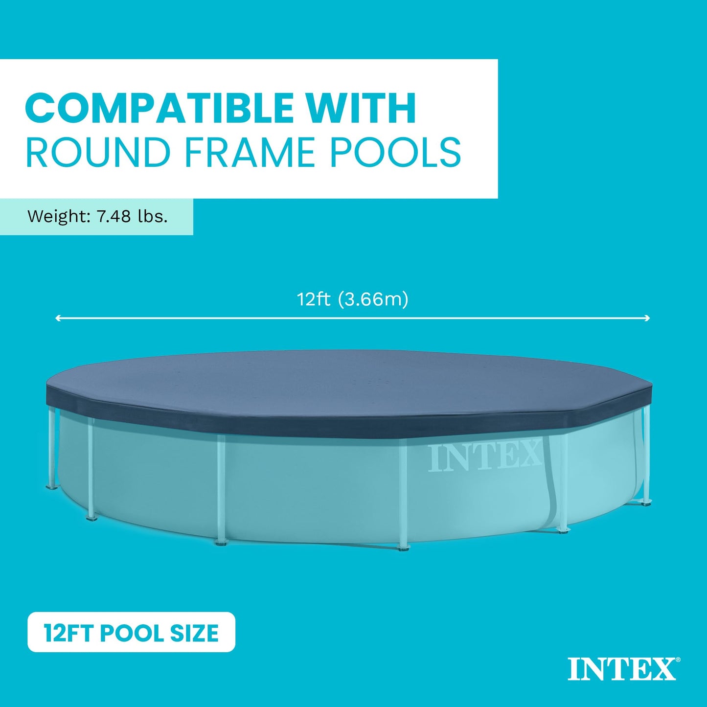 INTEX 28031E Pool Cover: For 12ft Round Metal Frame Pools – Includes Rope Tie – Drain Holes – 10in Overhang – Snug Fit