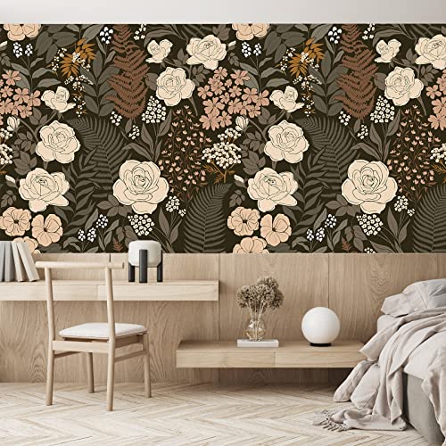 HAOKHOME Peel and Stick Wallpaper Floral Vintage Removable Rose Leaf Black/Brown/Beige Stick on Mural 17.7in x 6.6ft