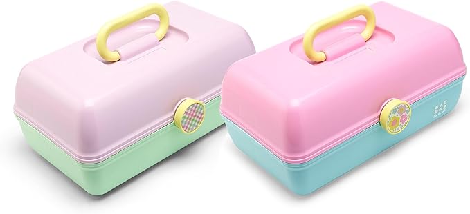 Caboodles On-The-Go Girl Makeup Storage Box 2-Pack, Two-Tone Pink/Light Blue and Lavender/Light Green, Hard Plastic Makeup Organizer Box, Built-In Mirror, Secure Latch for Safe Travel