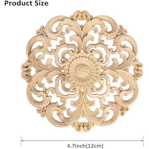 2PCS Unpainted Round Decorative Wood Carved Appliques Onlays Dia12cm/4.72",Unfinished Wooden Carved Flower Carvings Decals for Furniture Cabinet Bed Wardrobe Closet DIY Decoration