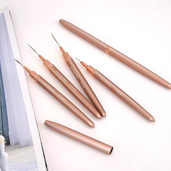 Metallic Nail Art Brushes, 5Pcs Liner Brush Set, UV Gel Polish Painting Art Design Pen for Long Lines, Thin Details, Fine Drawing Sizes 4/8/12/20/25mm(Champagne Gold)