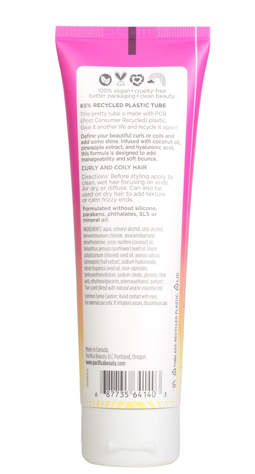 Pacifica Pineapple Swirl Curl Defining Cream – Bounce, Frizz Control & Curl Enhancer Styling Cream for Curly Hair & Wavy Hair – Coconut Oil & Hyaluronic Acid For No-Crunch Hold – Cruelty-Free – 4-oz