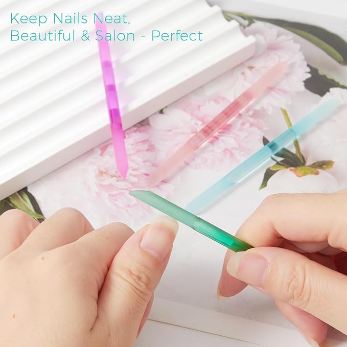 JERCLITY 4 Pieces Double-Ended Glass Nail Files Glass Cuticle Pusher Cuticle Stick Set Nano-Frosted Nail Polished Crystal Glass Rod Manicure Pedicure Pusher Tools(Peach Pink/Purple/Cyan/Green)