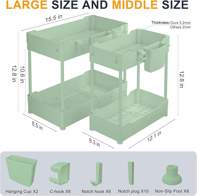 Sevenblue 2 Pack Under Sink Organizer, Under Bathroom Cabinet Organizer with Hooks Hanging Cup, Multi-Purpose Storage Shelf for Kitchen Bathroom (Green, 12.8 Inch)