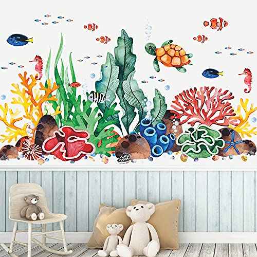 LiveGallery Coral Seaweed Wall Sticker Ocean Life Wall Decals Shell Conch Hippocampus Sea Turtle Tropical Fish Marine Plants Wall Decorations for Kids Bedroom Living Room Nursery Office
