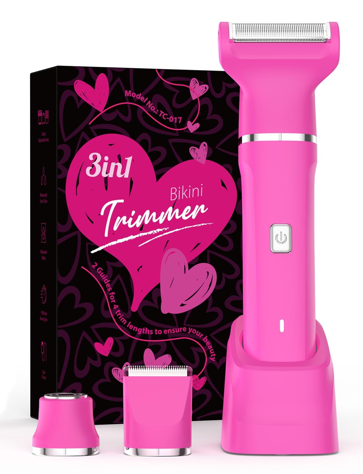 Bikini Trimmer for Women - IPX7 Waterproof Pubic Hair Remover for Shower & Travel, 3-in-1 Bikini Trimmer with Body/Round/Curved Heads, Hypoallergenic Foil & Ceramic Blades, Self-Care Gifts for Women