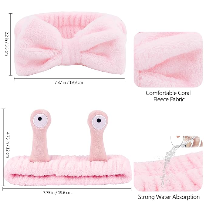 Spa Headband and Wristband Set Skincare Headband Makeup Headband Bowknot Snail Headbands Wrist Bands for Washing Face Cute Animal Face Wash Headband for Women Girls (Pink)