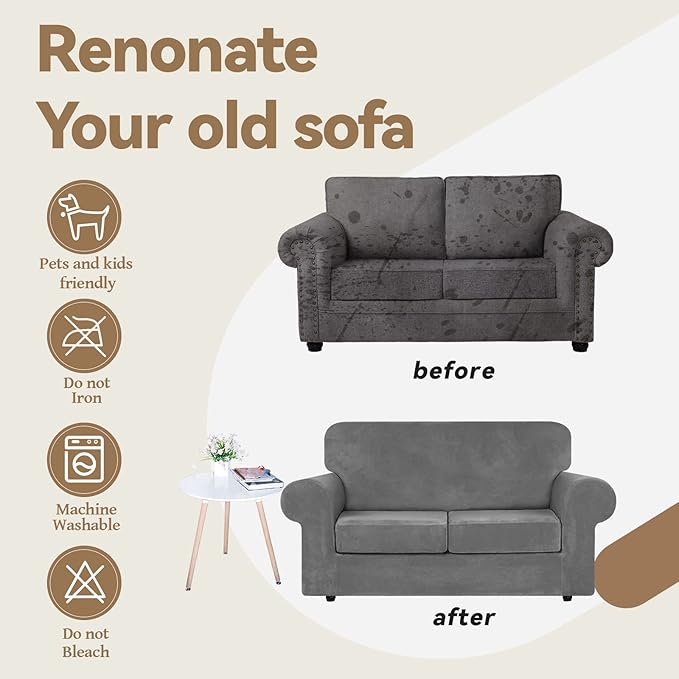 WEERRW Velvet Couch Covers for 2 Cushion Couch Sofa - High Stretch Luxury Velvet Plush 3 Pieces Sofa Slipcovers with Elastic Bottom, Furniture Protector for Pets, Machine Washable, Light Grey, Medium