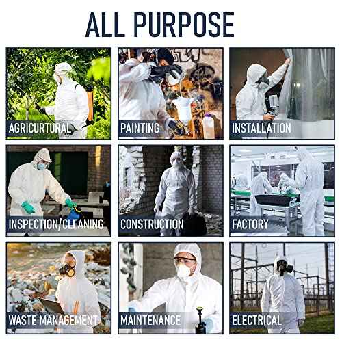 Hazmat Suits Disposable | 5 Pack, Large | Non-Hooded Protective Coveralls - Heavy Duty Full Body Painters Suit for Men & Women Without Hood - Breathable & Water Resistant - Large