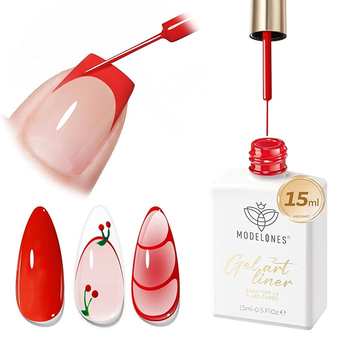 modelones Red French Tip Liner Gel Polish, 15 ML Bright Apple Red Valentine's Day Nail Art Paint Swirl with Ultra Fine Line Brush Soak Off U V DIY Home Salon Professional Manicure Gift for Women