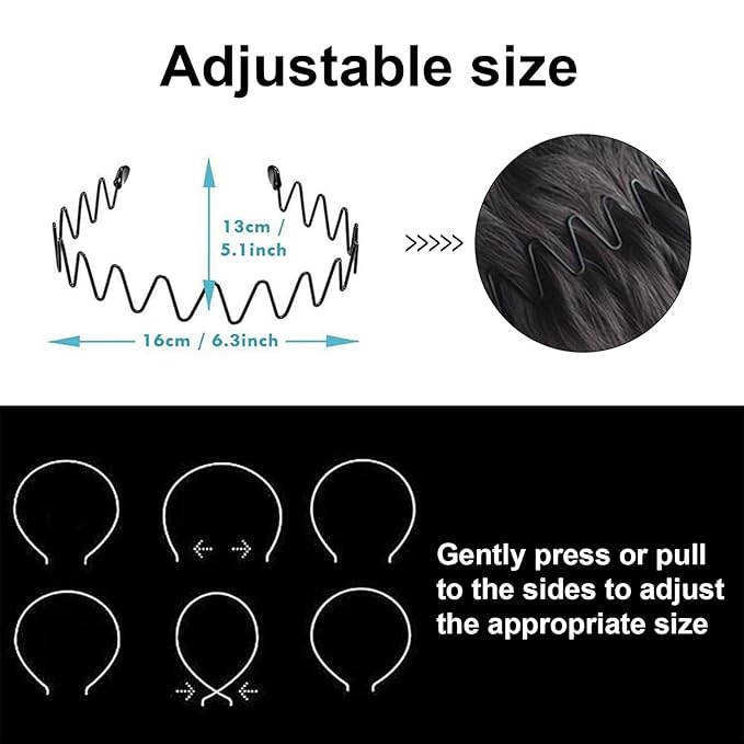 Metal Headbands for Men & Women – Generous Fit for Larger Heads & Thick Hair – Black Wavy Non-Slip Hair Bands for Sports, Gym, Yoga and Daily Wear (3 Pack)