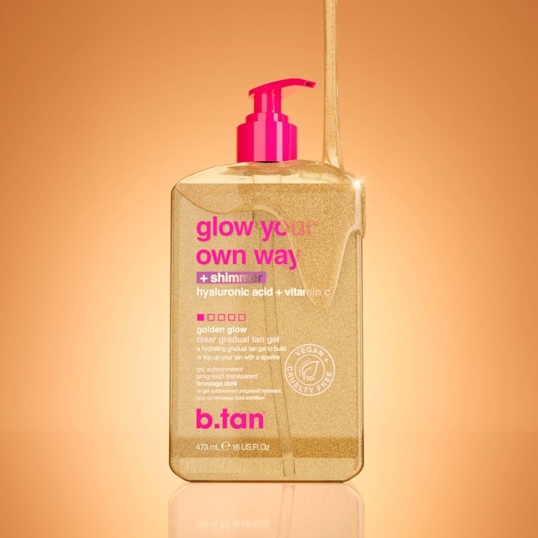 b.tan Clear Gradual Self Tan Gel | Glow Your Own Way Shimmer - Sunkissed Golden Bronze, Transfer Free, Best Extender, Moisturizing, Non Toxic Sunless Tanning Lotion, No Fake Tanner Smell, 16 Fl Oz
