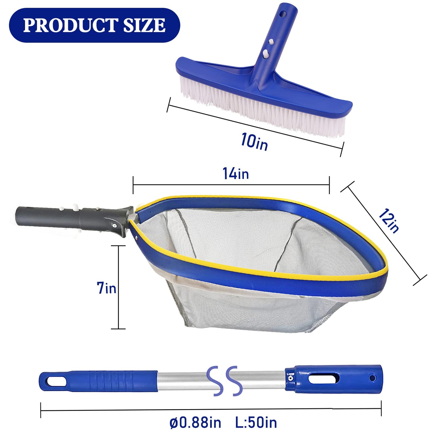 Poolvio Swimming Pool Cleaning Kit, 14'' Brush Head & 50'' Telescopic Aluminum Pole with Fine Mesh Skimmer Net - Perfect for Above Ground Pools, Spas, Hot Tub Fountains Blue (PK0140)