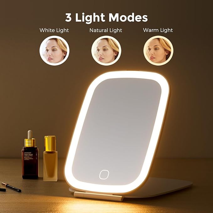 Rechargeable Travel Makeup Mirror with LED Light, Portable Light up Mirror, 3 Lighting Modes, 7x5 Inch Foldable Vanity Mirror for Desk or On The Go
