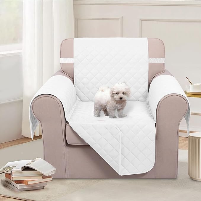 U-NICE HOME Recliner Chair Covers Reversible Chair Cover Pet Covers for Dogs with Elastic Straps Water Resistant Diamond Quilted (23''Armchair, White/White)
