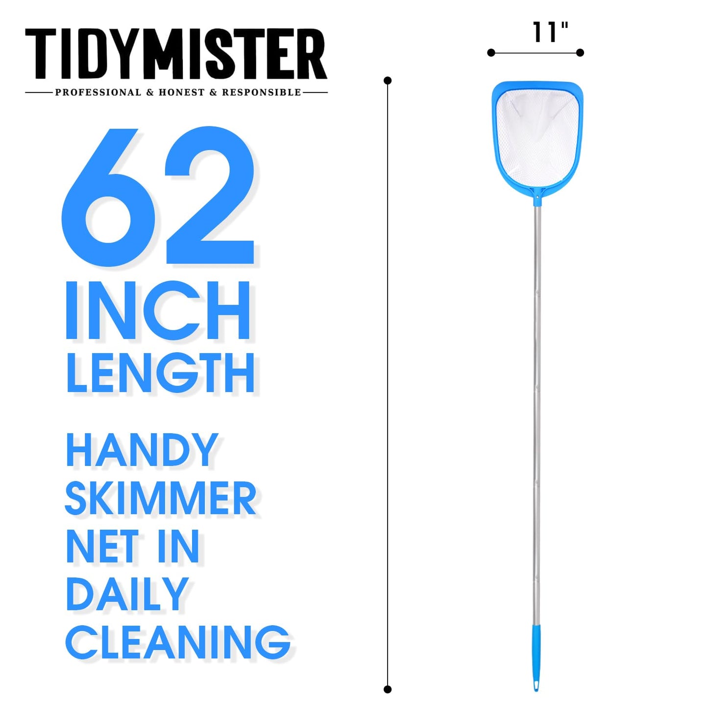 TidyMister 62'' Long Hot Tub Skimmer for Spa, Handy Pool Skimmer Net with Ultra Fine Diamond Netting Mesh for Small Pools, Hanging Hole Easy to Store