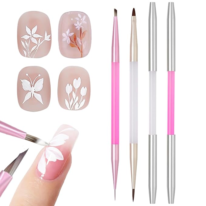 2Pcs Nail Art Brushes Set for Flower Petal Butterfly Drawing, 3D Gel Acrylic Nail Brush, Fine Liner Nails Design Tool, Professional Watercolor Painting Pen for Manicure DIY Salon