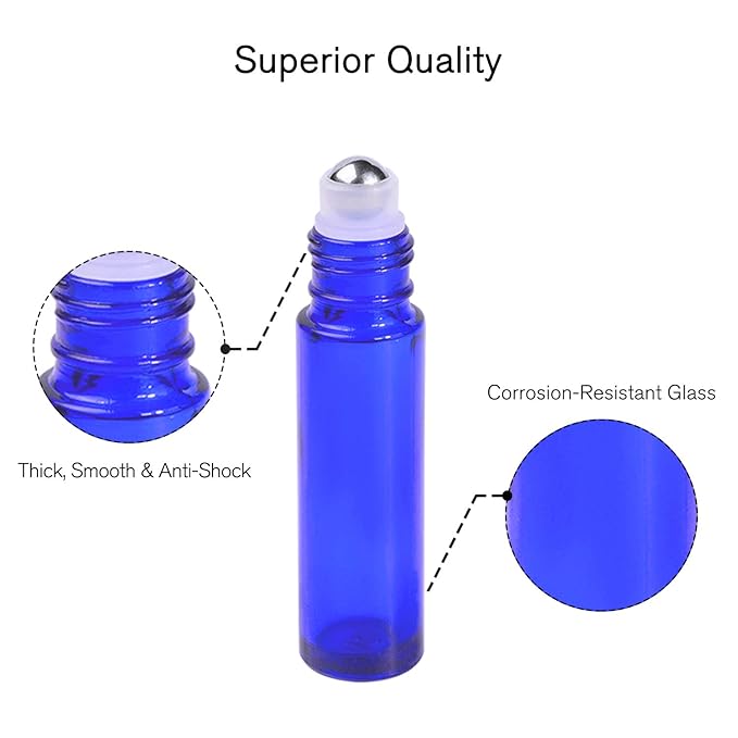 PrettyCare Roller Bottles 10ml (12 Pack Blue Glass, Black Cap, 24 Labels, 2 Extra roller balls, Opener, 2 Funnels) for essential oils, Roll on Bottles